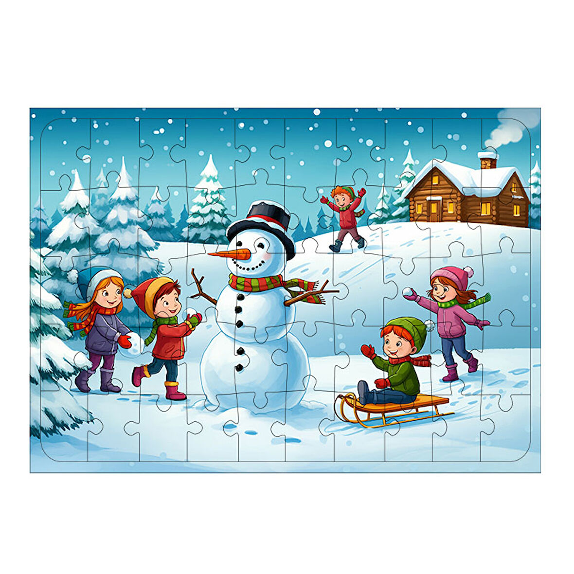 Ahşap Mdf Puzzle Yapboz Kış Eğlencesi Ve Kardan Adamlar 50 Parça 35*50 cm