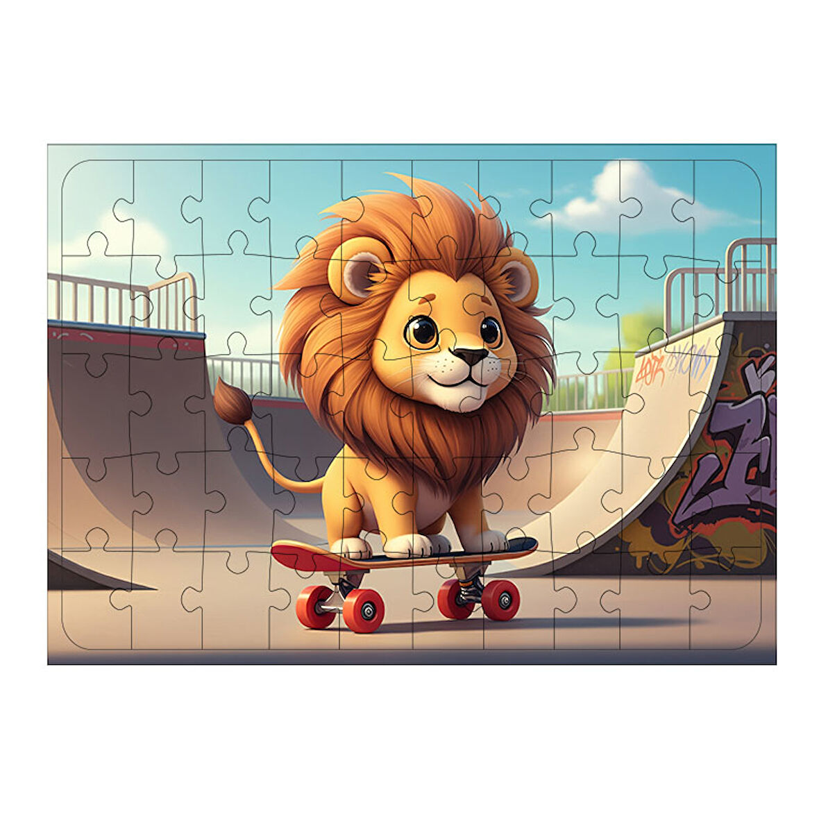 Ahşap Mdf Puzzle Yapboz Kaykay Yapan Cesur Aslan 50 Parça 35*50 cm