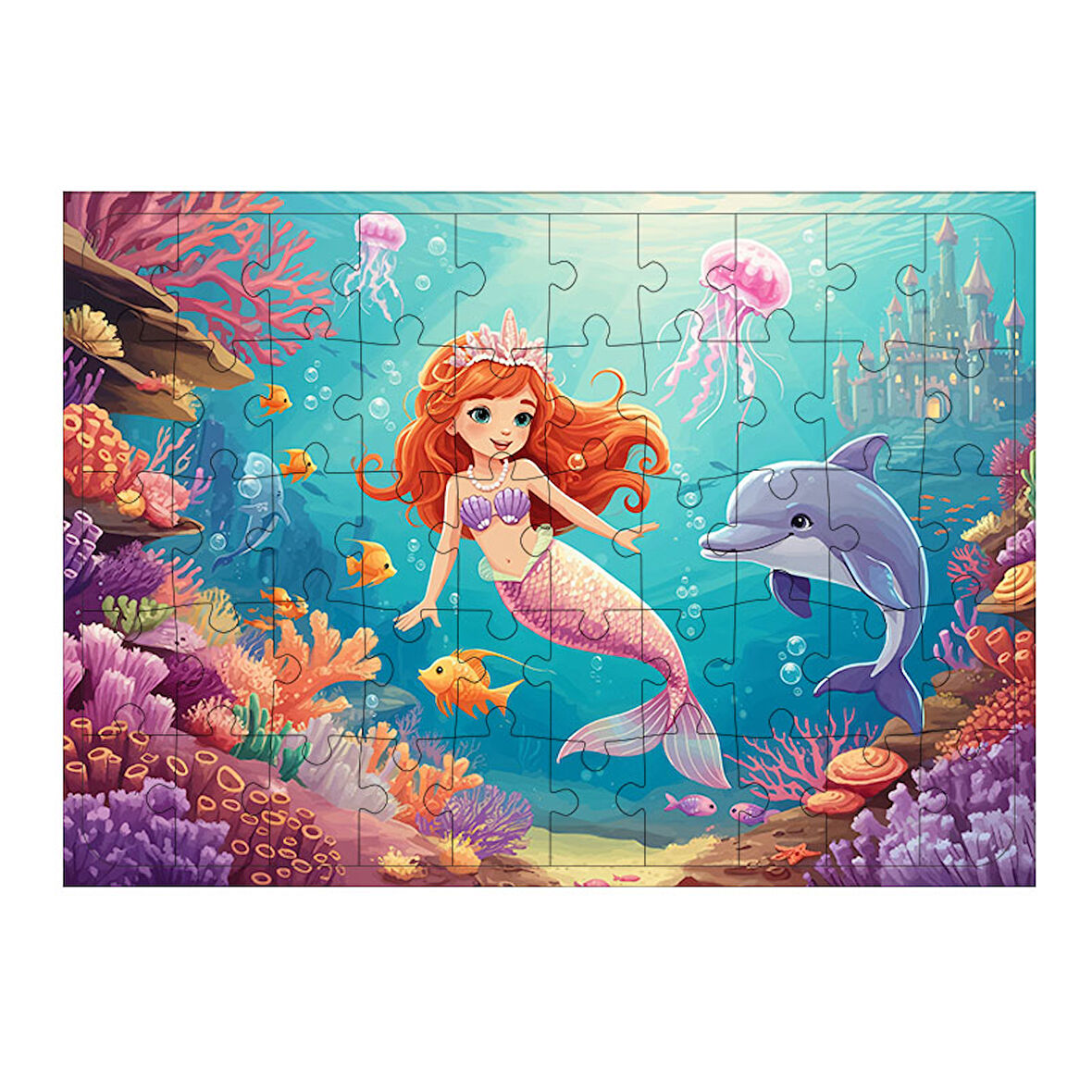 Ahşap Mdf Puzzle Yapboz Denizaltı Prensesi Ve Yunus 50 Parça 35*50 cm