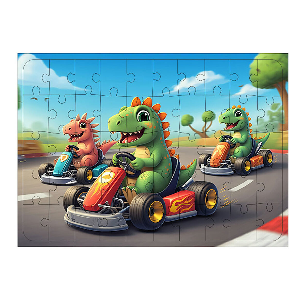 Ahşap Mdf Puzzle Yapboz Yarış Arabasında Dinozorlar 50 Parça 35*50 cm