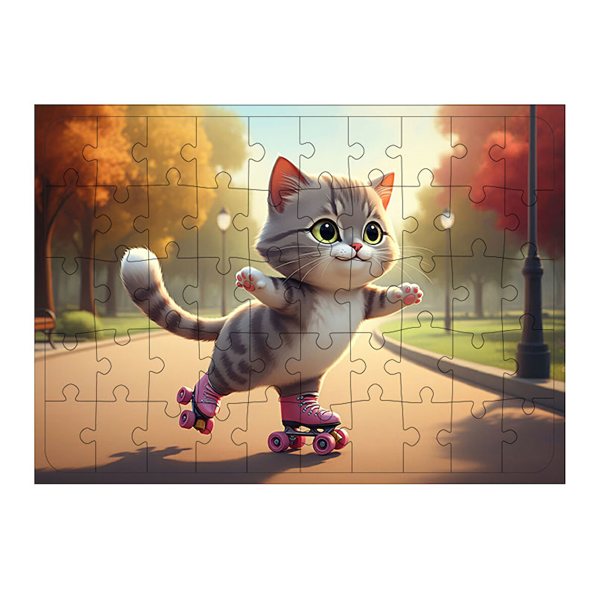 Ahşap Mdf Puzzle Yapboz Paten Kayan Şirin Kedi 50 Parça 35*50 cm