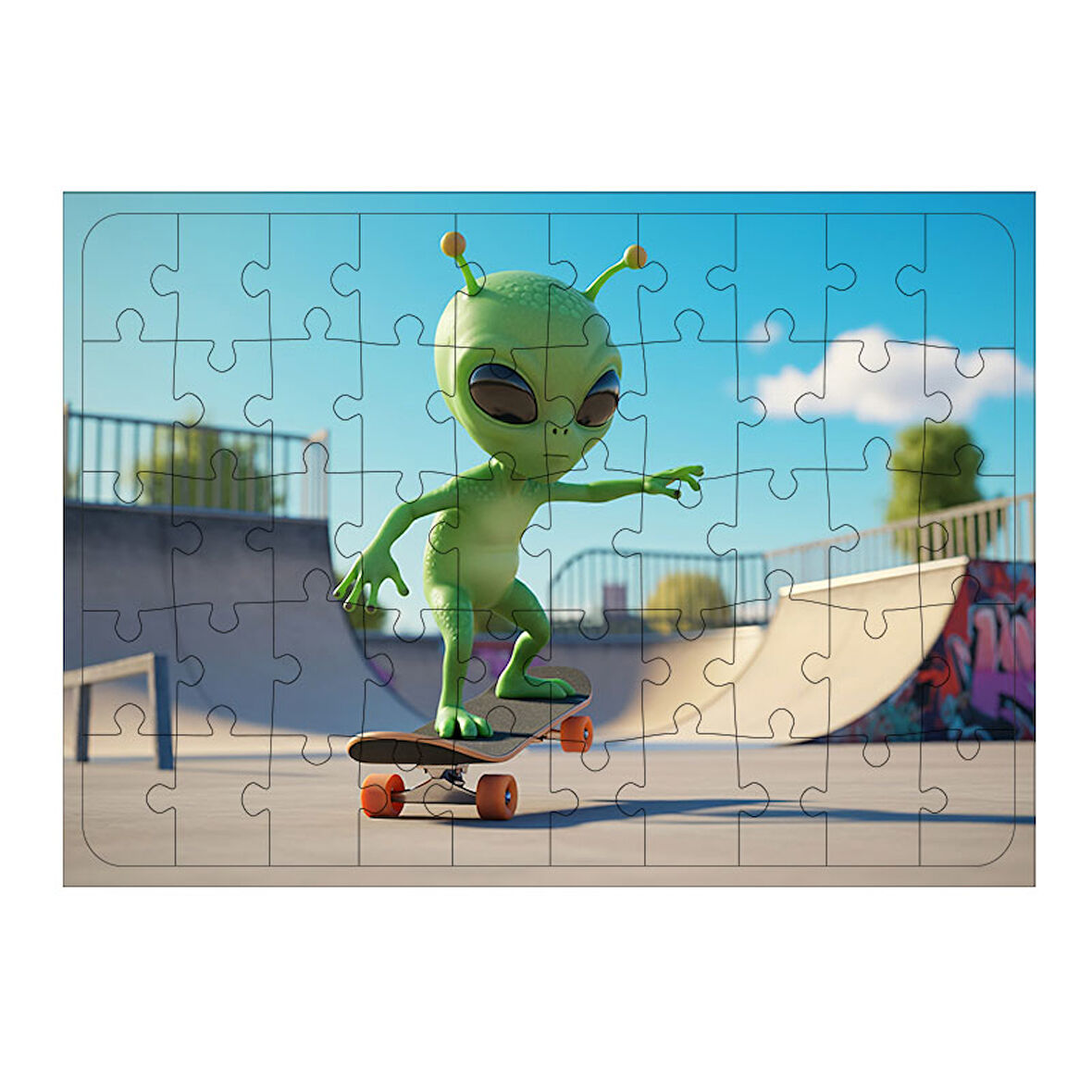 Ahşap Mdf Puzzle Yapboz Kaykay Süren Uzaylı 50 Parça 35*50 cm
