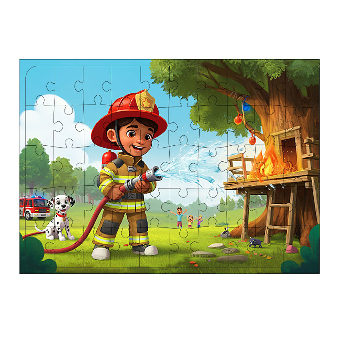 Ahşap Mdf Puzzle Yapboz İtfaiyeci Çocuk Ve Ağaç Ev 50 Parça 35*50 cm