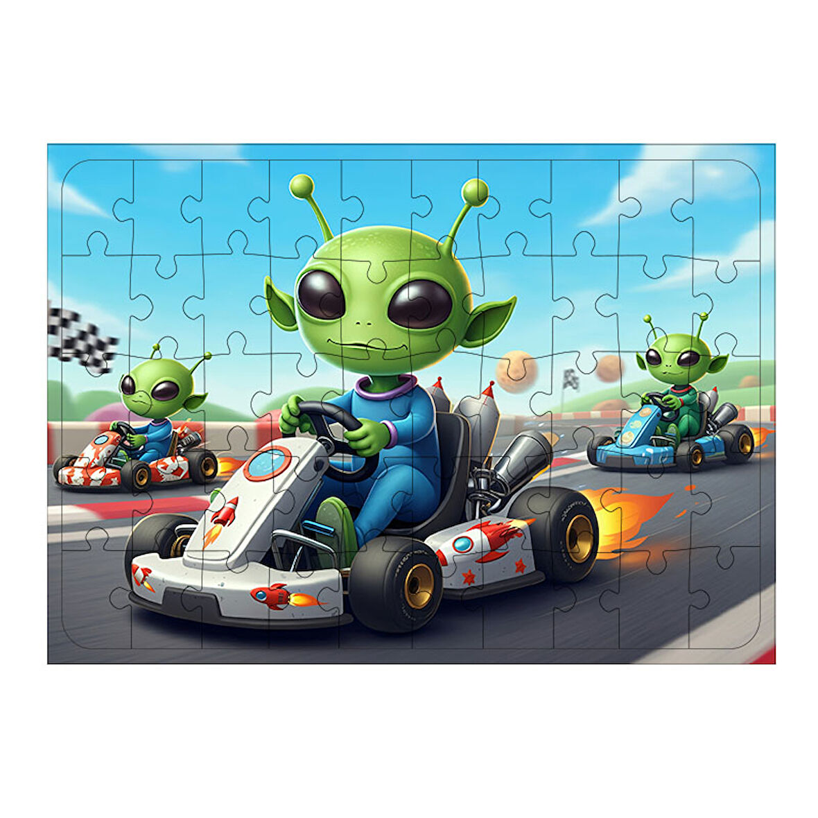 Ahşap Mdf Puzzle Yapboz Uzaylı Yarış Arabasında 50 Parça 35*50 cm