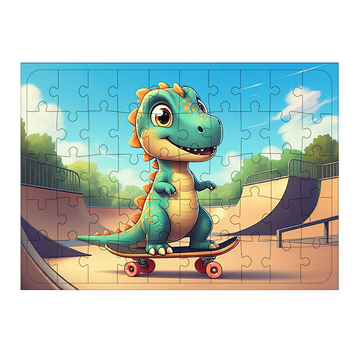 Ahşap Mdf Puzzle Yapboz Kaykaycı Cesur Dinozor 50 Parça 35*50 cm