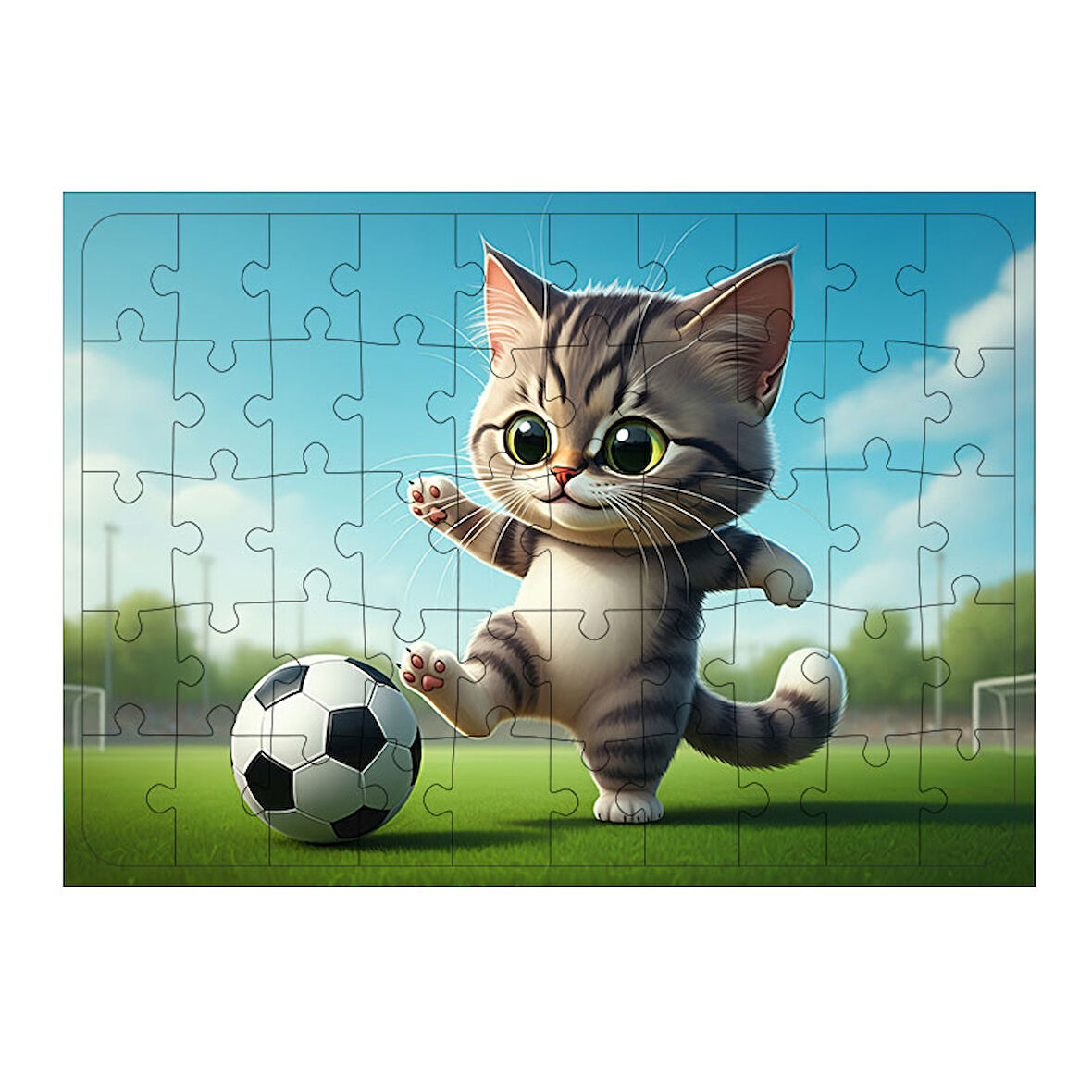 Ahşap Mdf Puzzle Yapboz Futbol Oynayan Şirin Kedi 50 Parça 35*50 cm