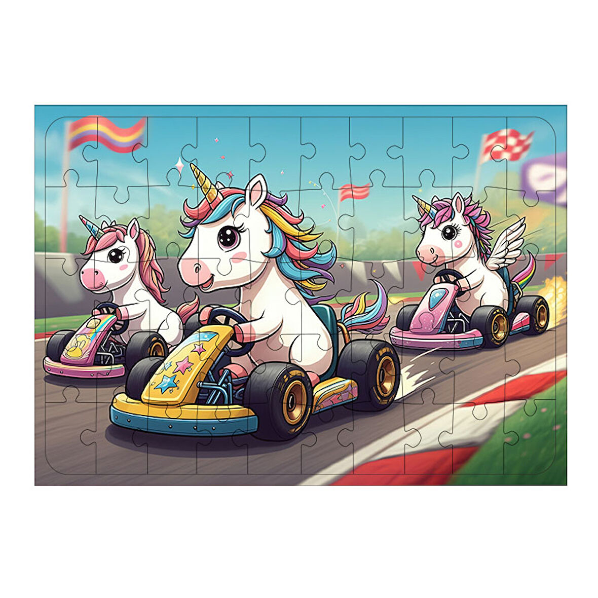 Ahşap Mdf Puzzle Yapboz Unicorn Yarış Arabası Eğlencesi 50 Parça 35*50 cm