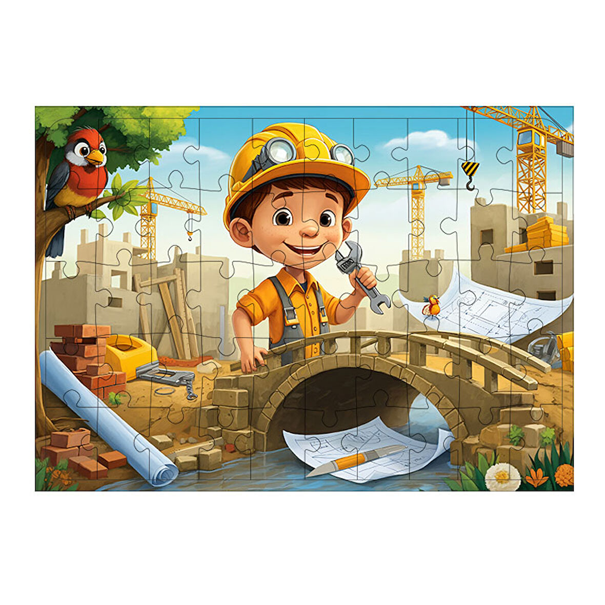 Ahşap Mdf Puzzle Yapboz Küçük İnşaatçı Çocuk 50 Parça 35*50 cm