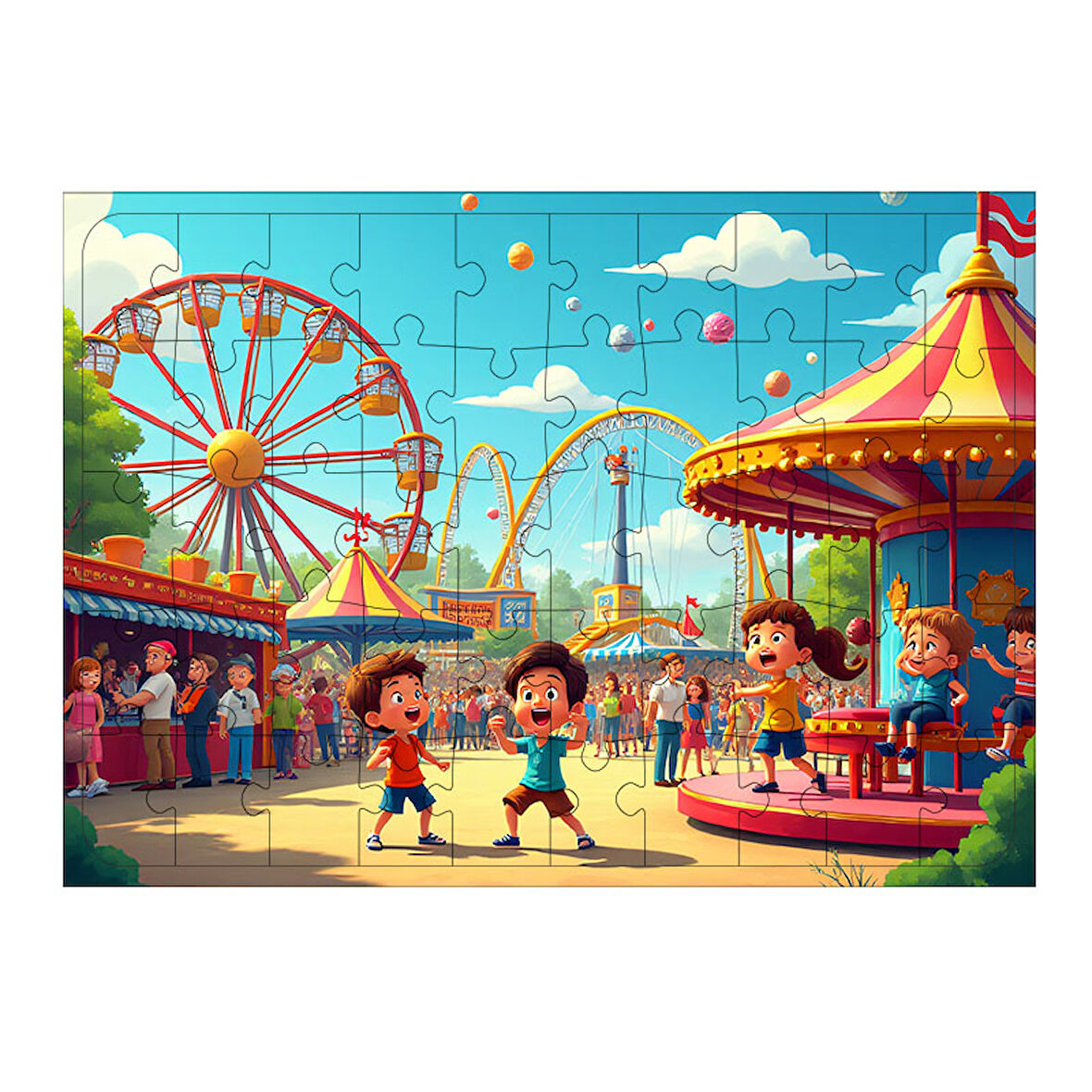 Ahşap Mdf Puzzle Yapboz Lunaparkta Eğlenceli Gün 50 Parça 35*50 cm
