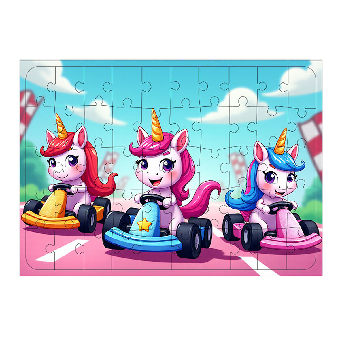 Ahşap Mdf Puzzle Yapboz Unicorn Yarış Arabaları 50 Parça 35*50 cm