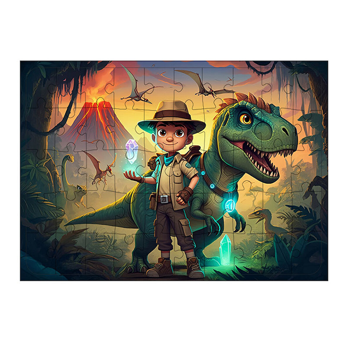 Ahşap Mdf Puzzle Yapboz Ormanda Dinozor Kaşifi 50 Parça 35*50 cm