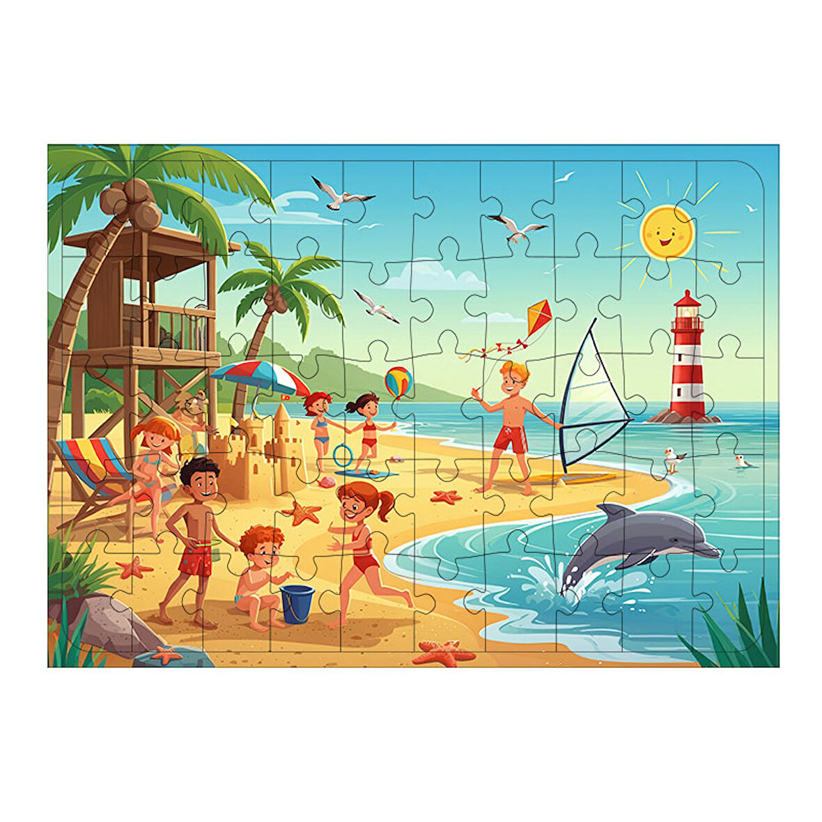 Ahşap Mdf Puzzle Yapboz Plajda Eğlenceli Tatil 50 Parça 35*50 cm