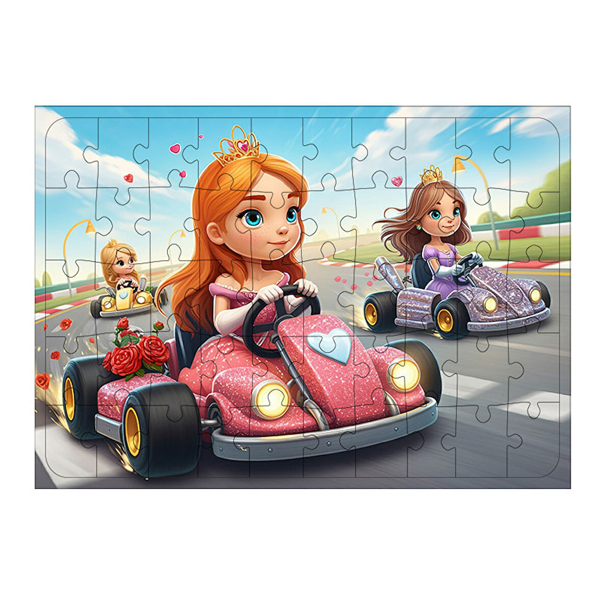 Ahşap Mdf Puzzle Yapboz Yarış Arabası Süren Çocuklar 50 Parça 35*50 cm