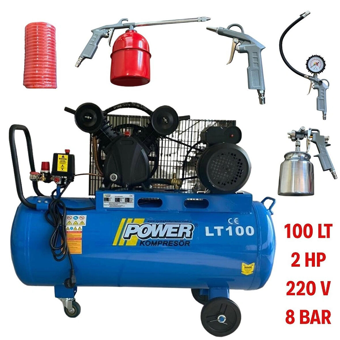 Power 100 Litre Kompresör 2HP 5 Li Havalı Setli Yağlı Hortum Hava Boya Mazot Lastik Şişirme Aparatları