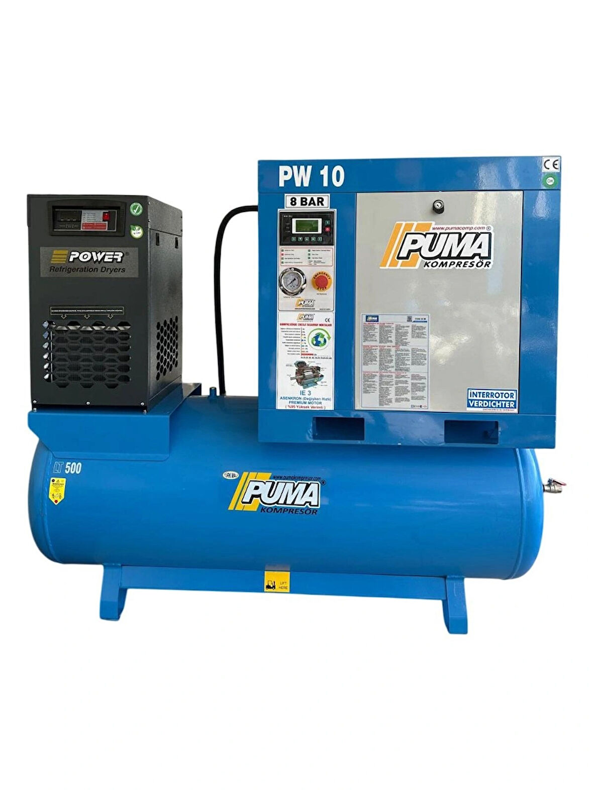 Puma PWDK10 500 Litre Depo Üzeri Vidalı Hava Kompresörü 10 Hp-7,5 Kw 8-10 Bar