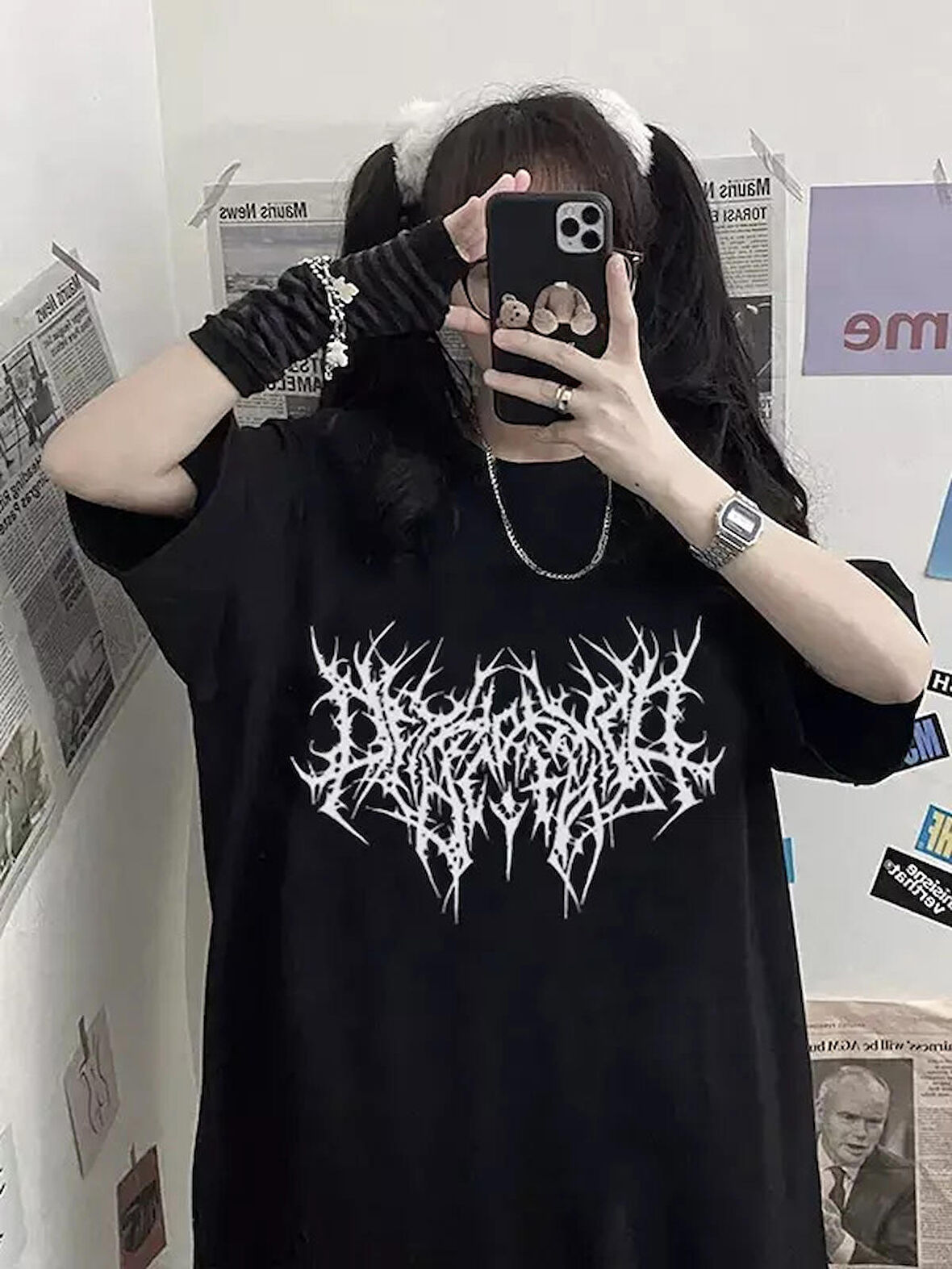 Siyah Gothic E-girl Grunge Baskılı Oversize