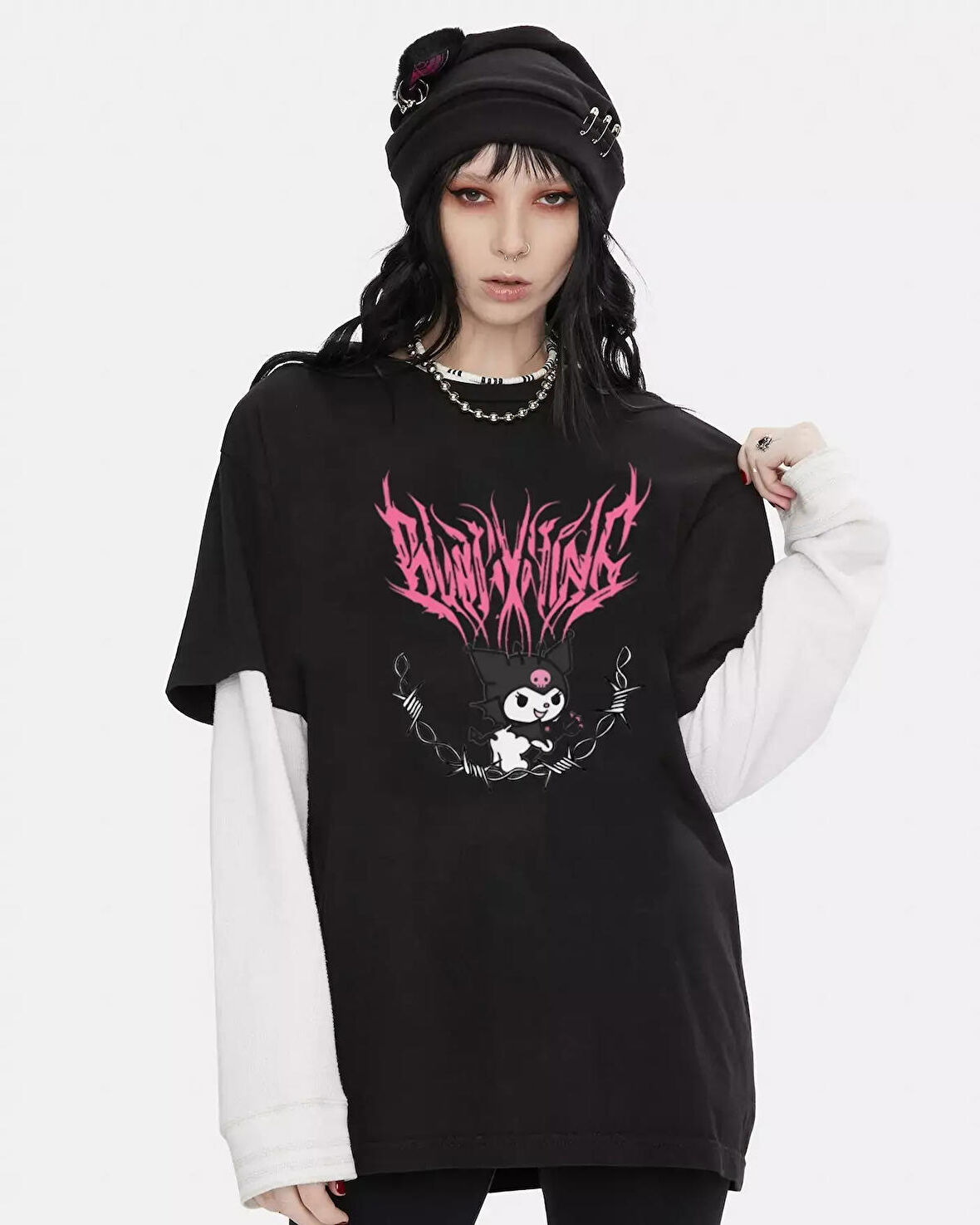 Kuromi Gothic E-girl Kuromi Baskılı Siyah Oversize