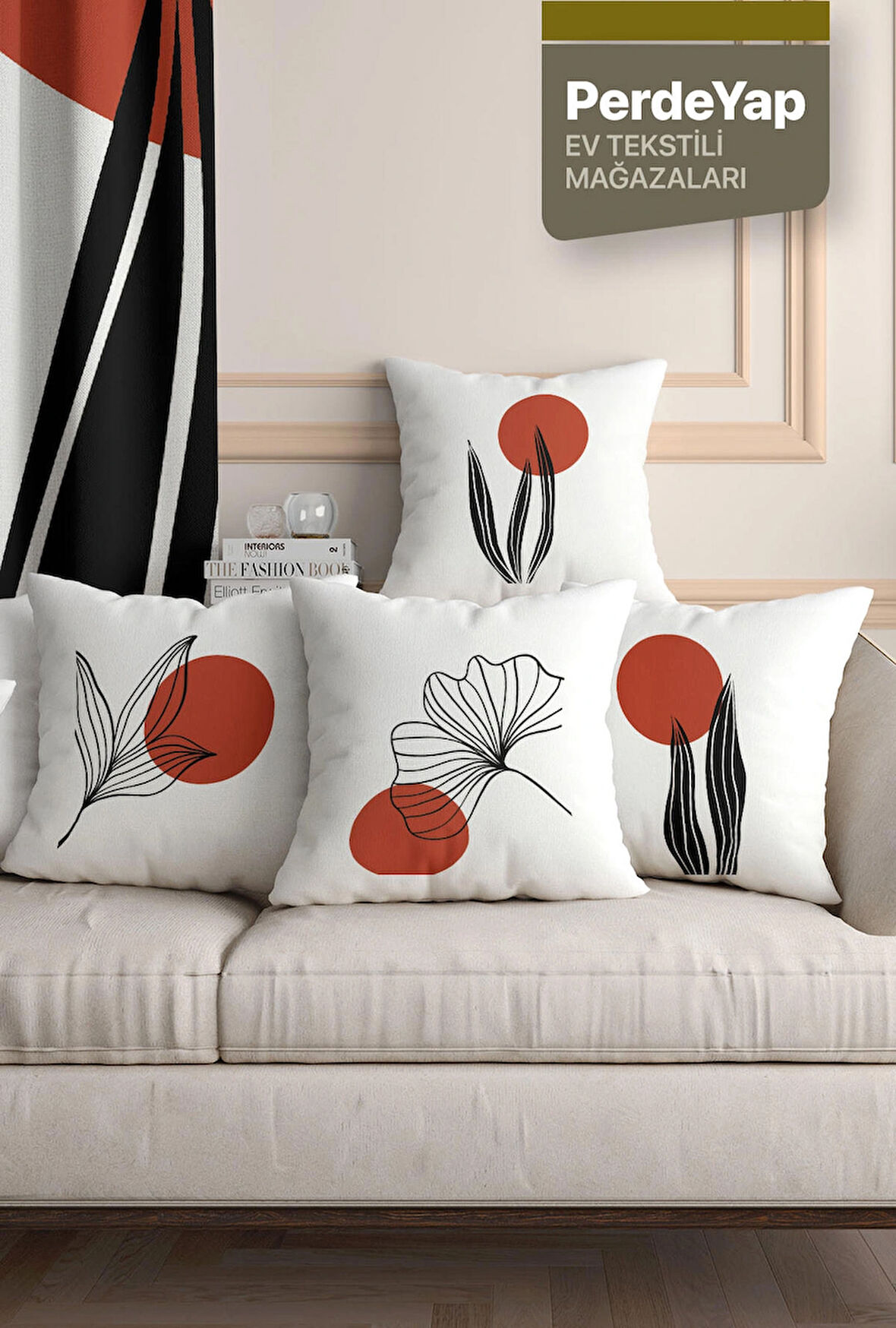 Hayali Gerçeküstü Çiçekler Desenli 4lü Dijital Baskılı Kırlent Kılıfı 43 X 43 Cm Kiremit-Krem