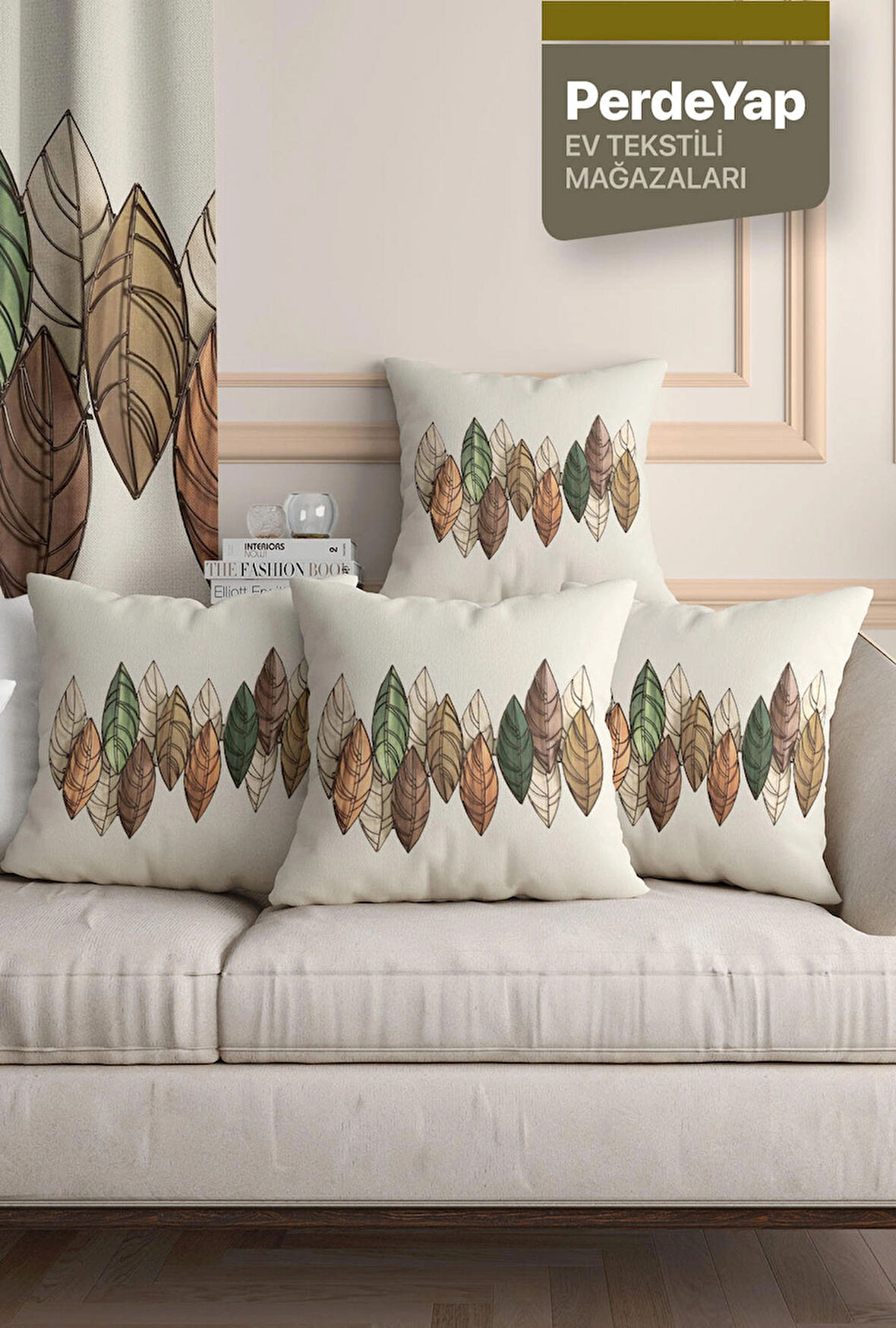 Sonbahar Yaprakları Desenli Dijital Baskılı 4'lü Kırlent Kılıfı - 43x43 Cm Bej-kahverengi
