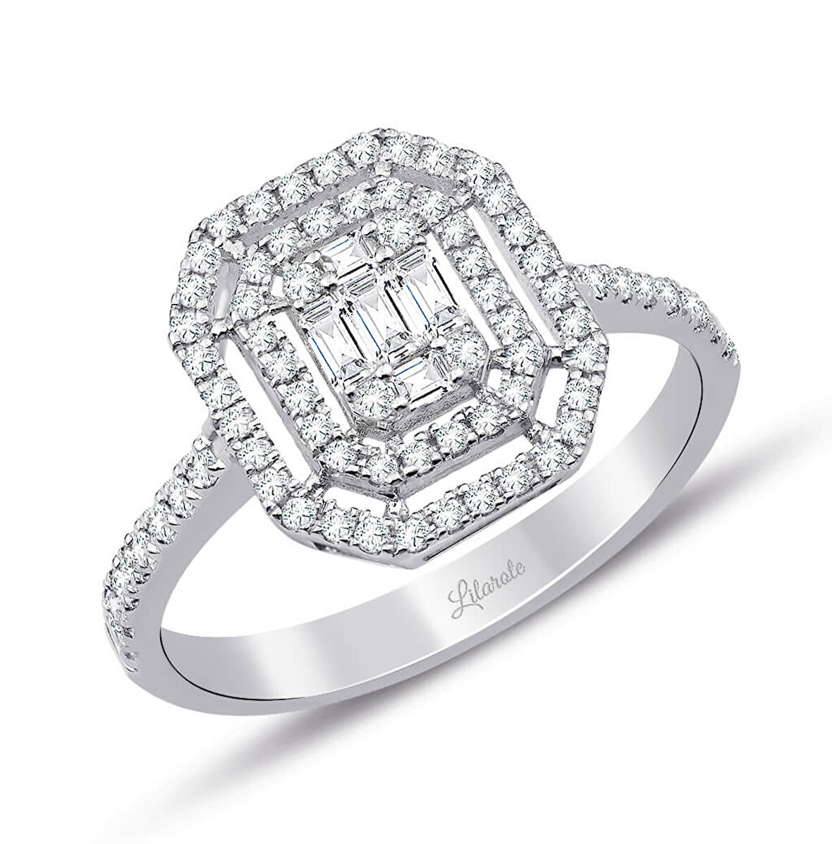 0.60 Ct Çift Sıra Baget Kare Tektaş Yüzük