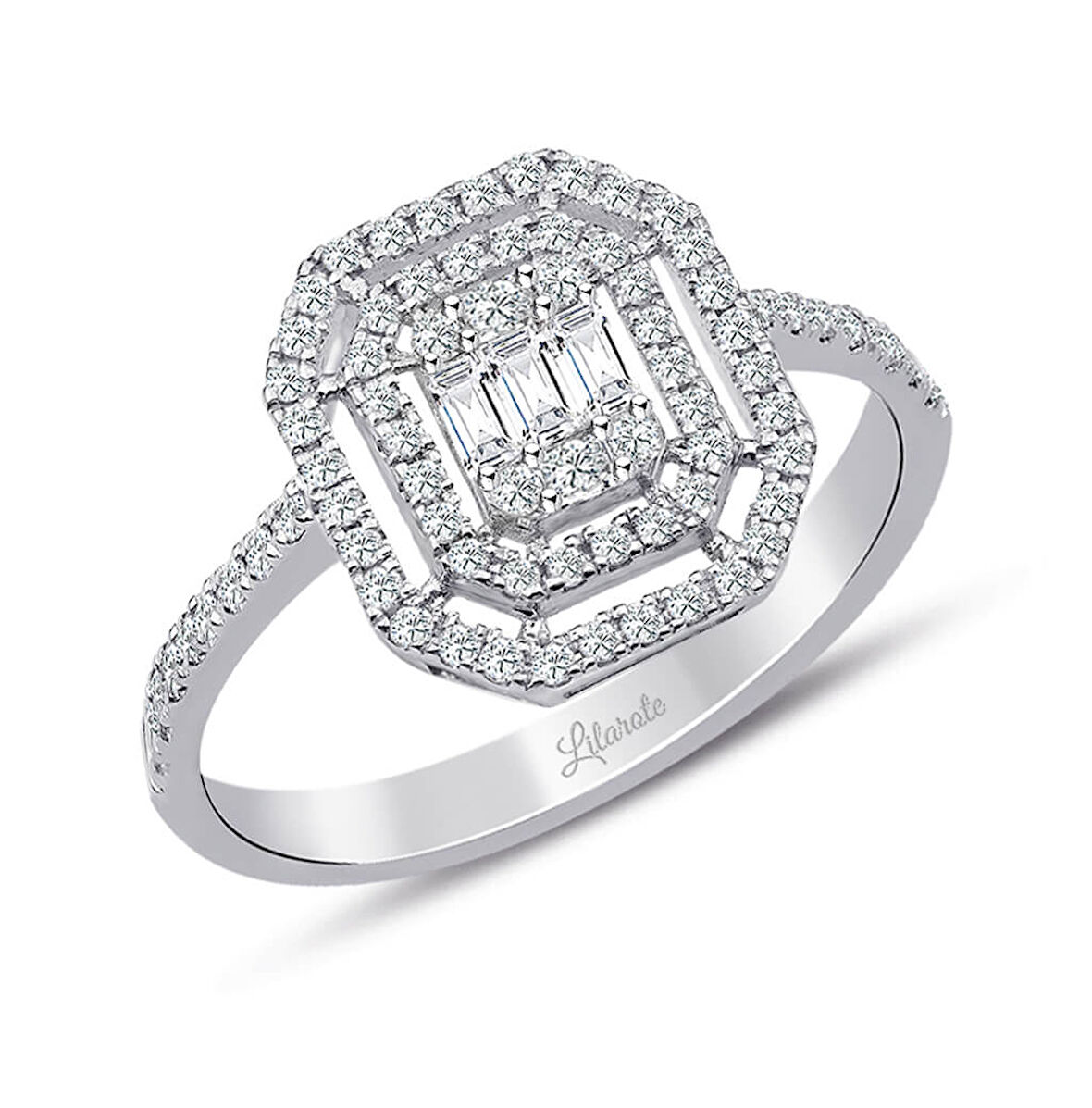 0.40 Ct Çift Sıra Baget Kare Tektaş Yüzük