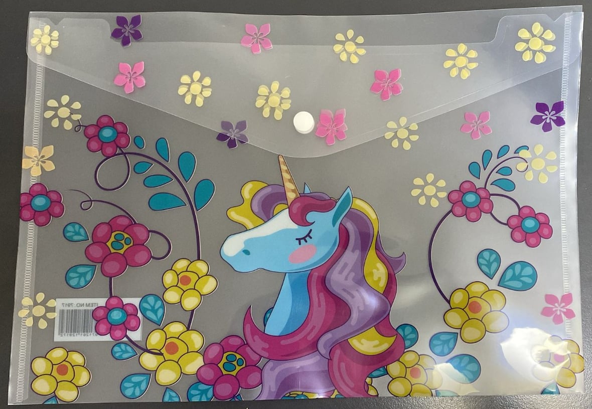 Unicorn Desenli Çiçekli Şeffaf Dosya Organizeri - Renkli Unicorn Baskılı A4 Evrak Çantası
