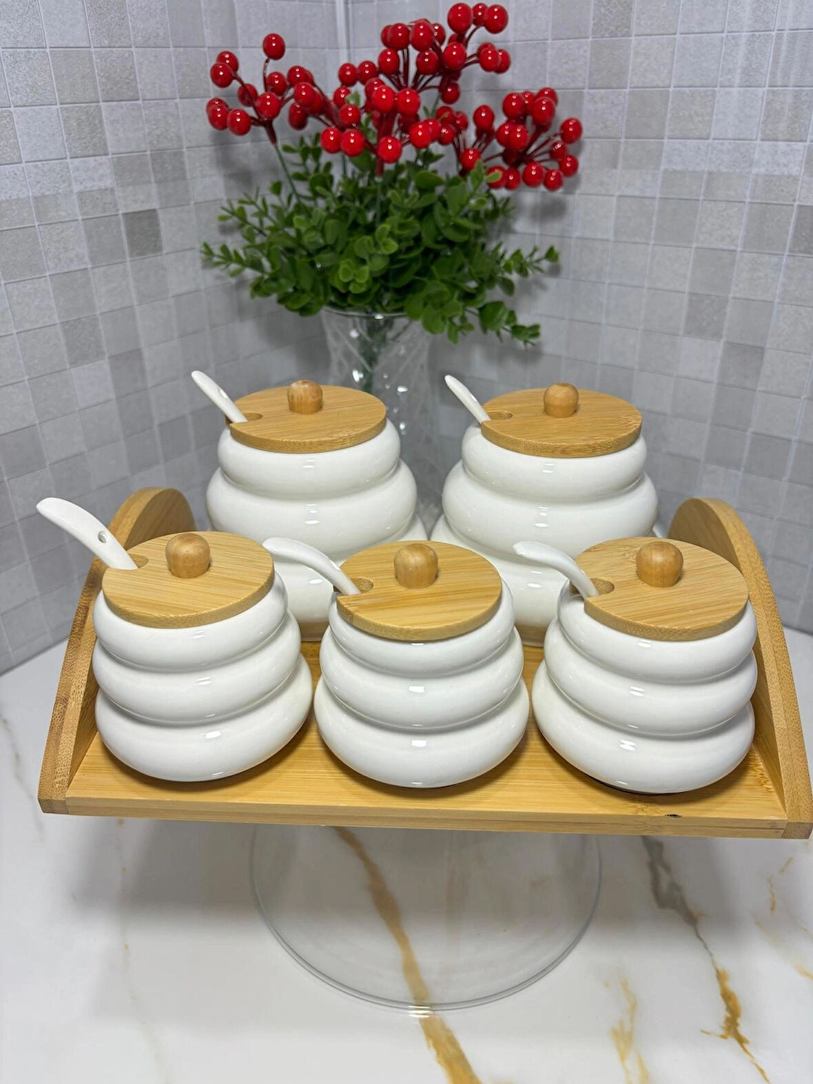  5'li Standlı Bambu kapaklı Porselen Baharatlık