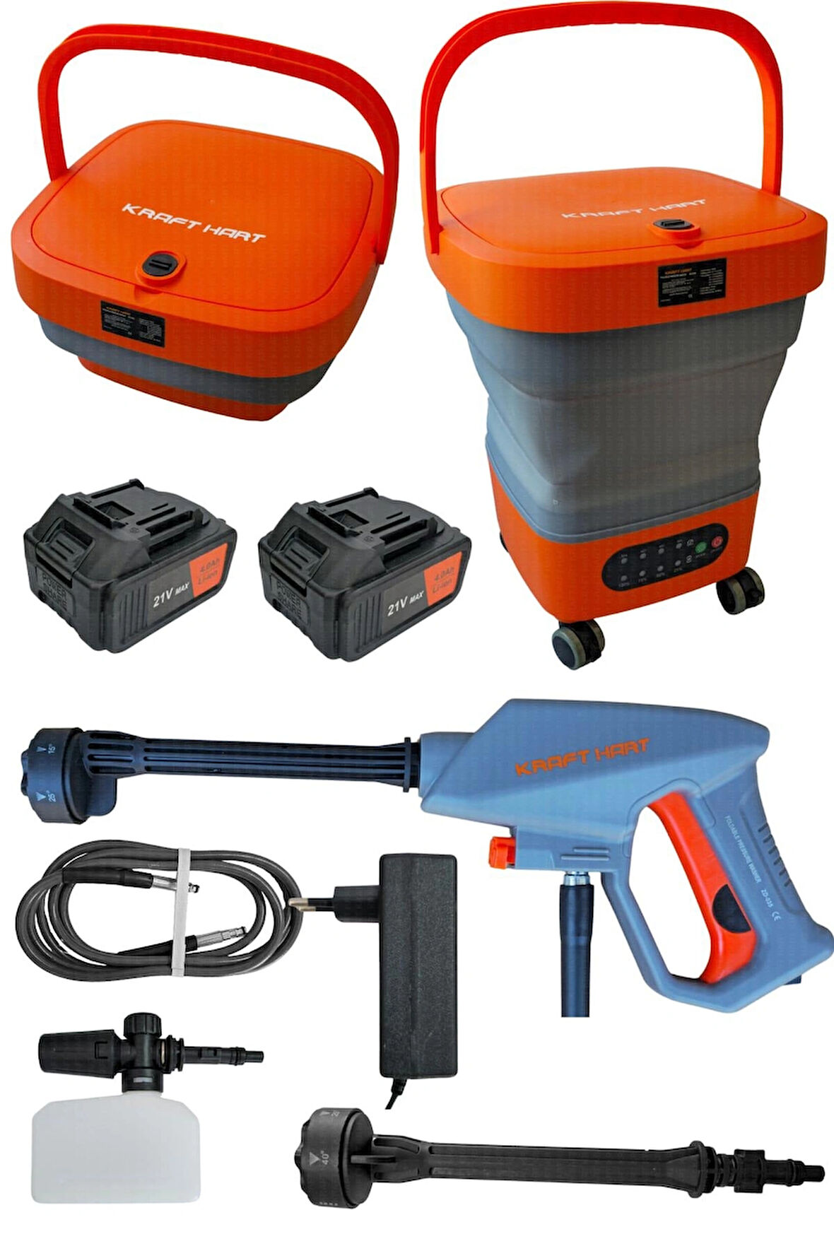 KRAFT HART 21V 4Ah Çift Akülü Katlanabilir Basınçlı Yıkama Makinesi 50 Bar Basınç Oto Araba Bahçe
