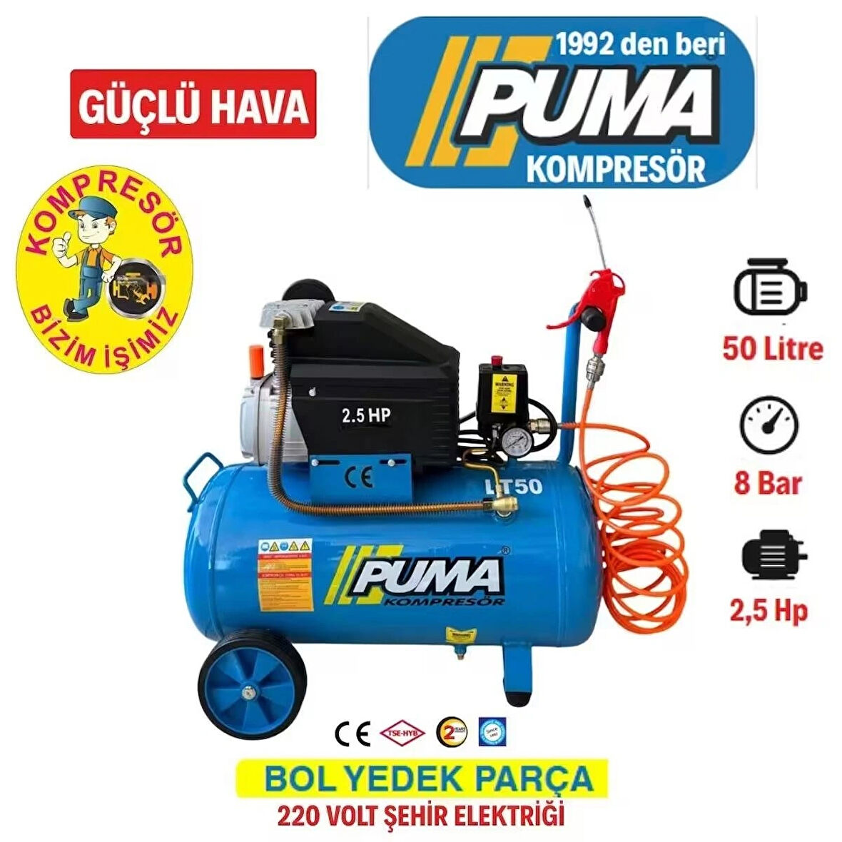 Puma Hava Kompresörü 50 lt (Yağlı) 50 litre Kompresör 5 metre hava hortumu ve Hava Tabancası HEDİYE