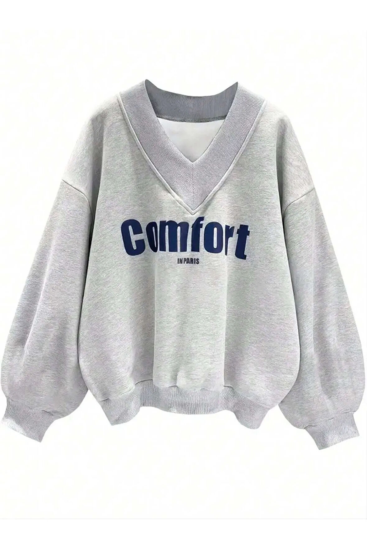 Gri V yaka comfort baskılı şardonlu sweatshirt 