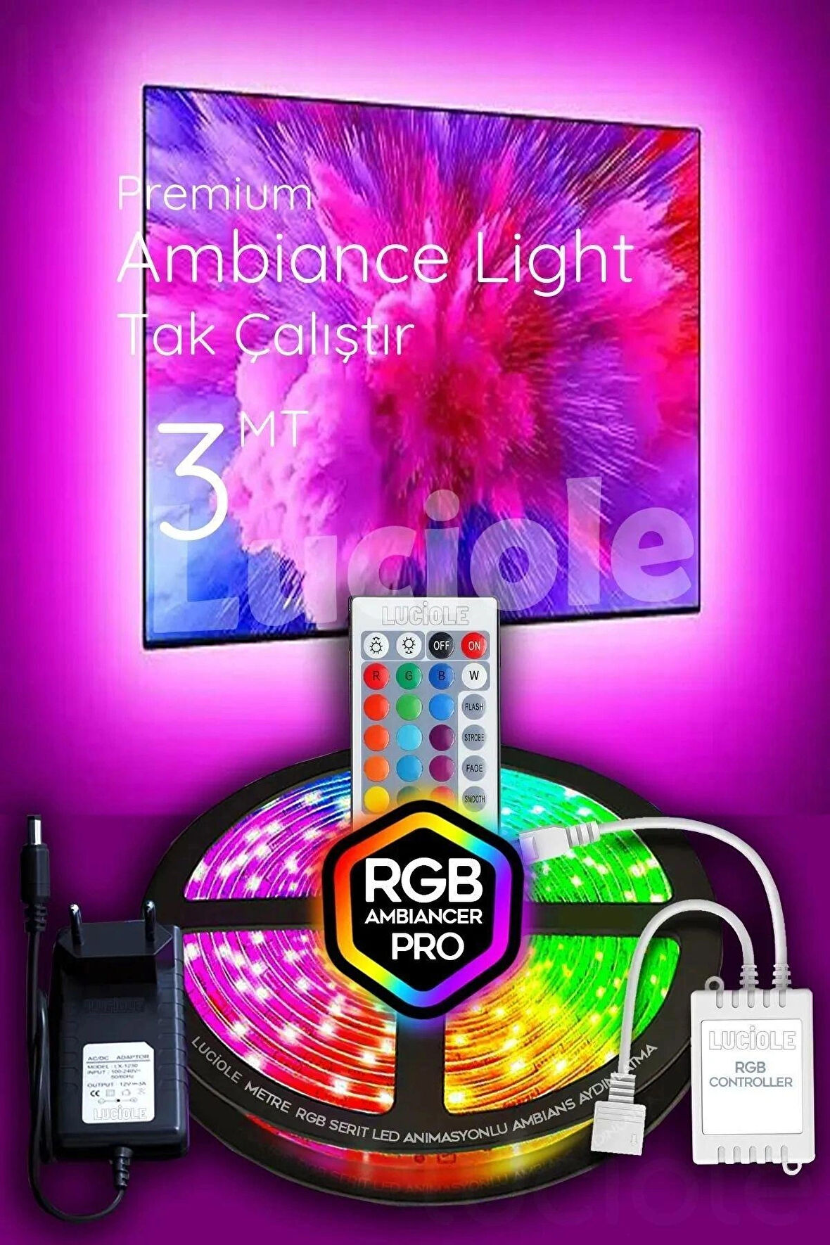 3 Metre Rgb Led Tak Çalıştır 16 Renkli 4 Animasyonlu Tv Arkası Led Yatak Odası abajur Bilgisayar