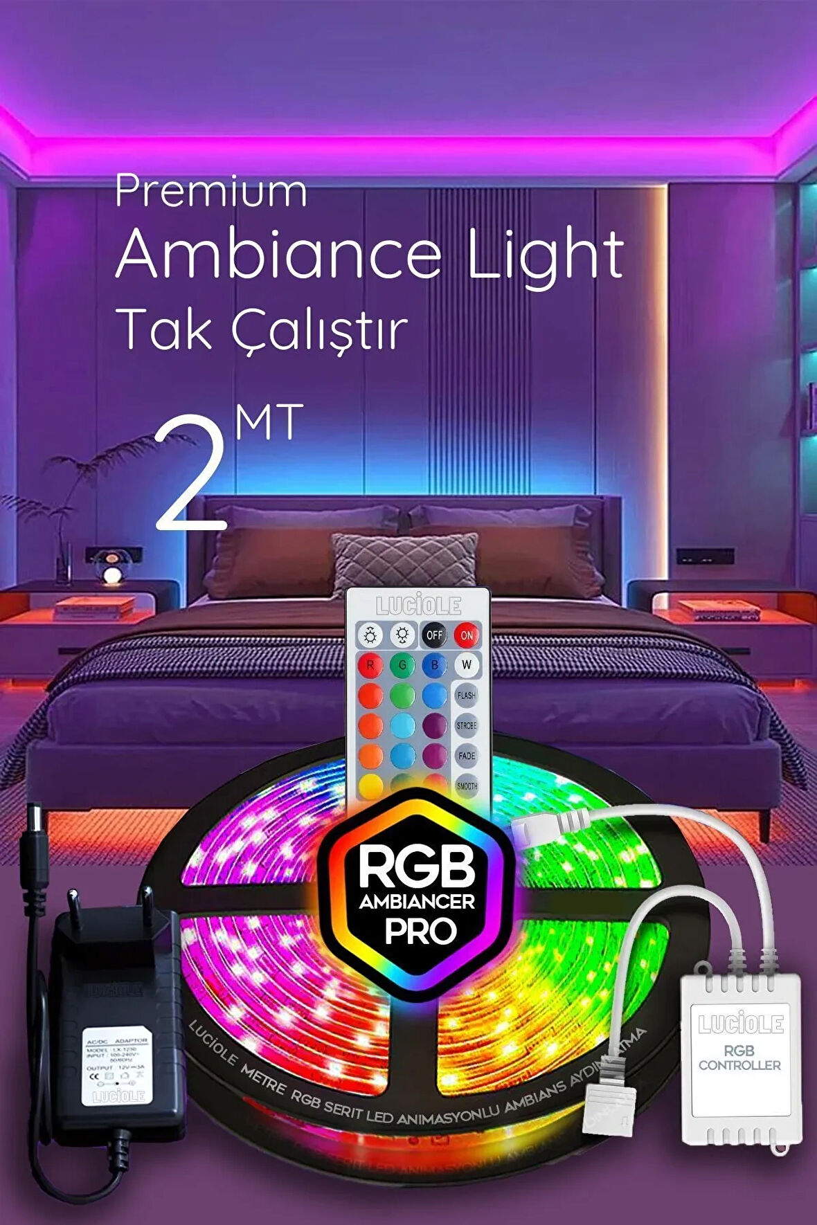 2 Metre Rgb Led Tak Çalıştır 16 Renkli 4 Animasyonlu Tv Arkası Yatak Oturma odası abajur