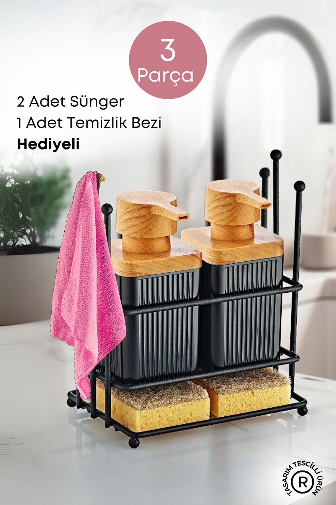  Ahşap Desenli Metal Standlı Bulaşık Deterjanı Sıvı Sabunluk Mutfak Seti-Sünger ve Bez Hediyeli