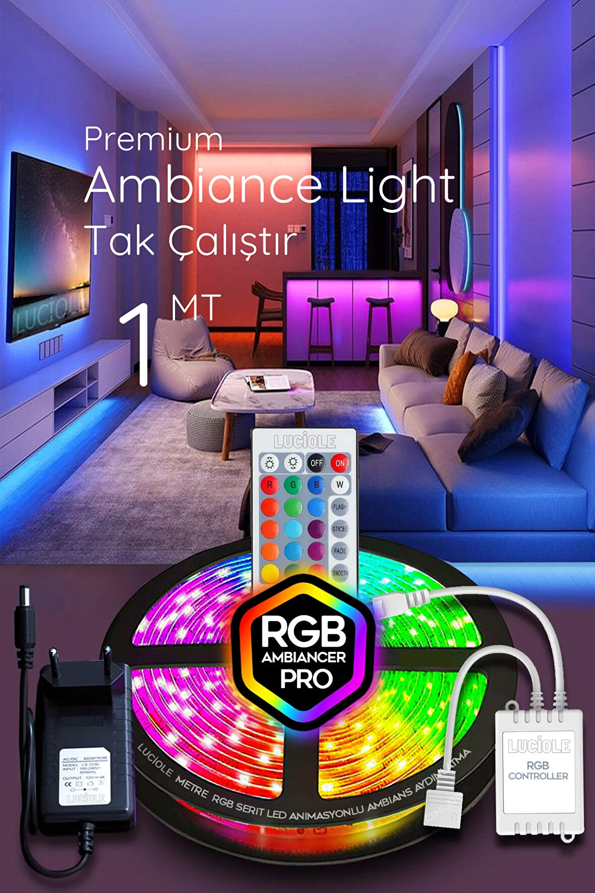 1 Metre Rgb Led Tak Çalıştır 16 Renkli 4 Animasyonlu Tv Arkası Led Yatak Odası Oturma aplik