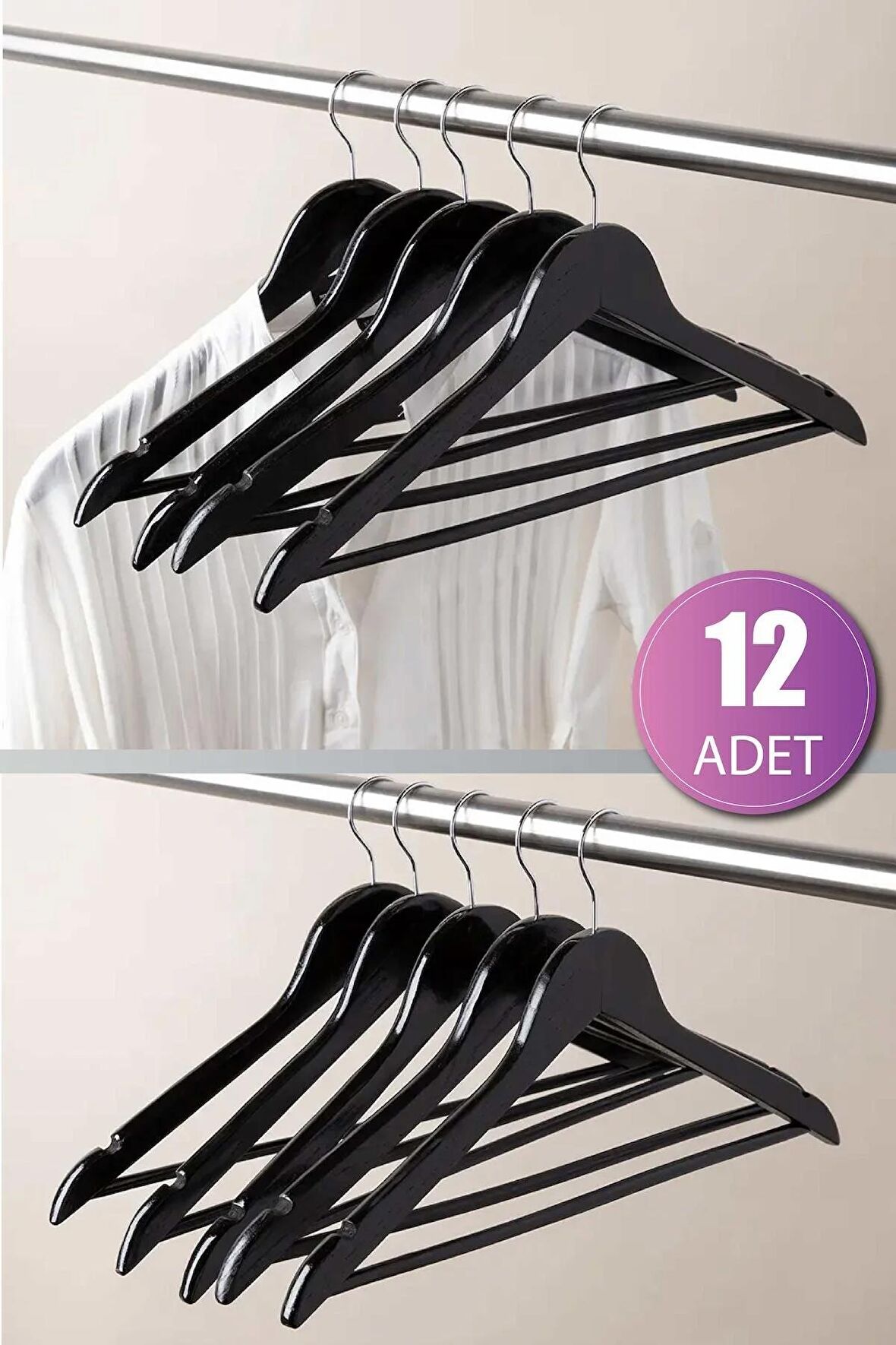 12 Adet Ekonomik Siyah Ahşap Görünümlü Plastik Elbise Askısı