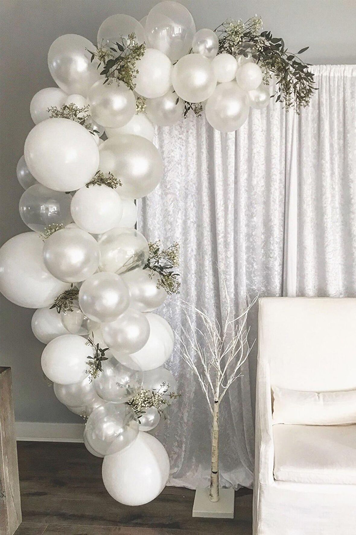 Pastel Beyaz Metalik Beyaz Şeffaf Balon Düğün Zinciri 50 Adet + 5 mt balon zinciri