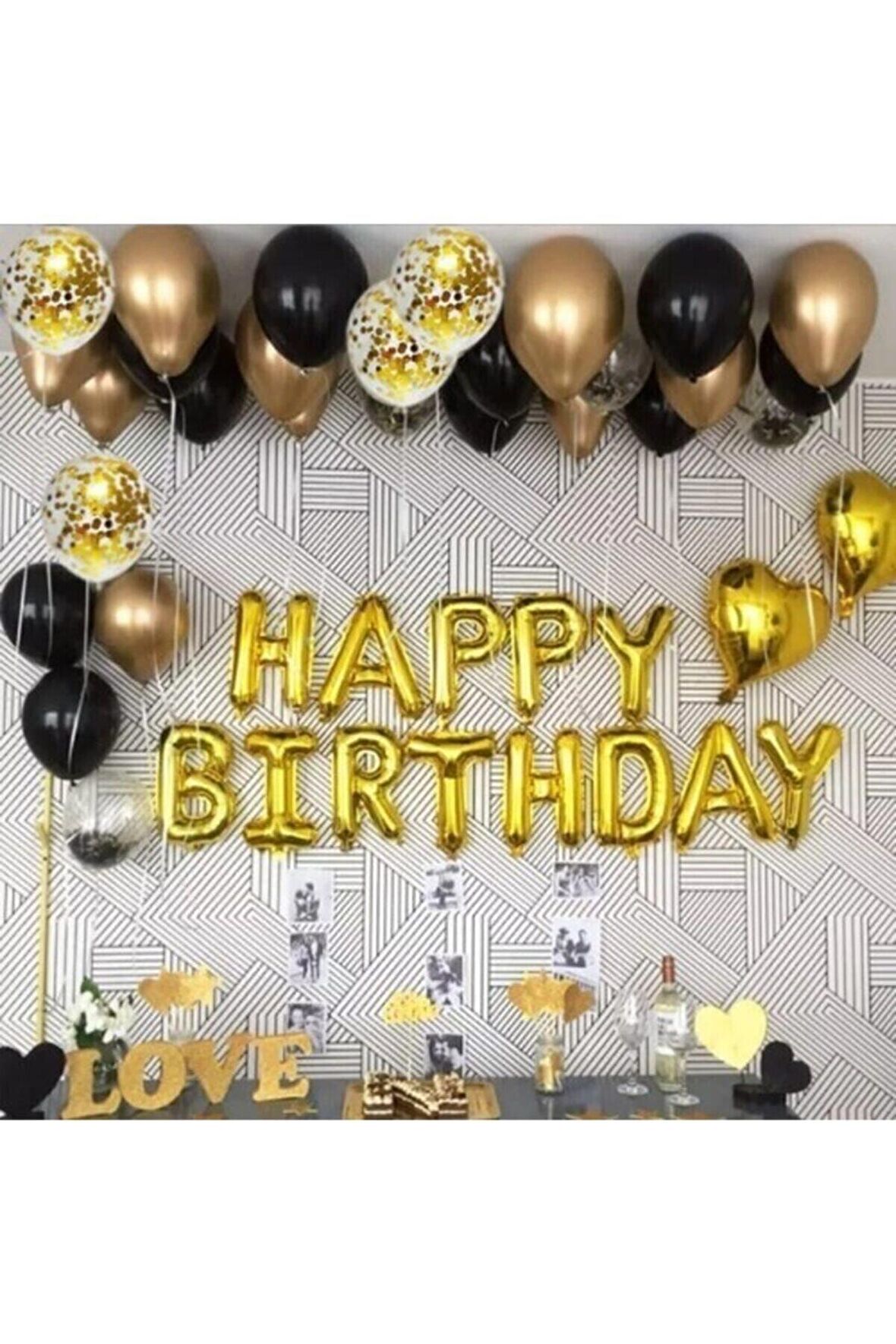 Happy Birthday Gold Folyo Harf Balon Gold Krom Balon Pastel Siyah Balon Şeffaf Konfetili Balon Seti