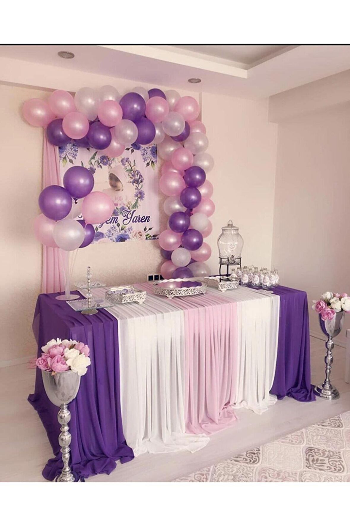 50 Adet Metalik Pembe-Mor-Beyaz Balon+ 5 mt Balon Zinciri