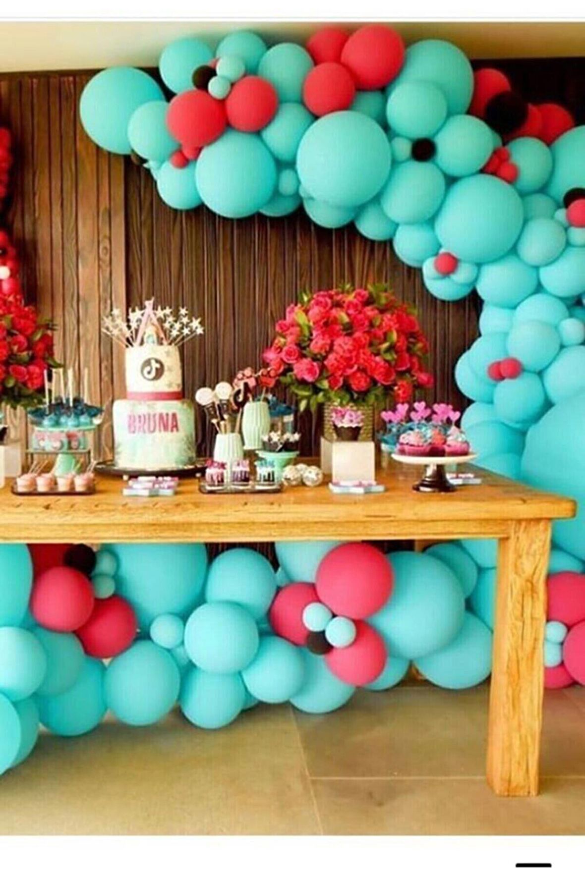 Mint Yeşili Pastel Kırmızı 50 Adet Balon + 5 mt balon zinciri