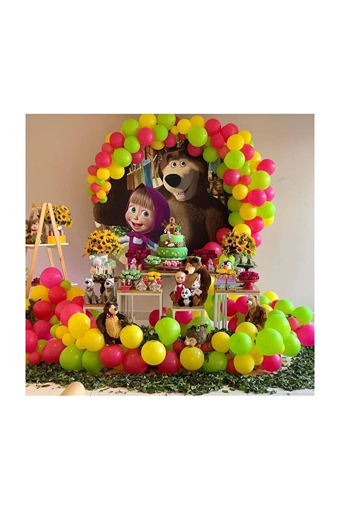 70 Adet Metalik Balon Ve 5 Mt Balon Zinciri (yeşil - Fuşya - Sarı) Maşa Ile Koca Ayı Konsept Balon