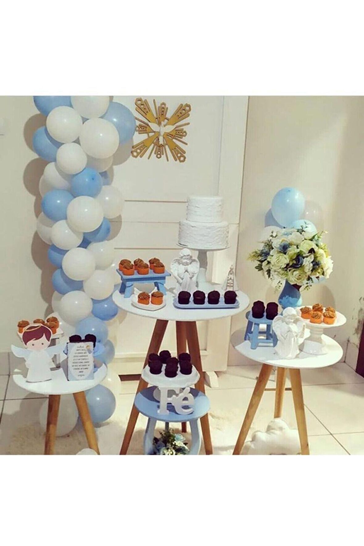 Makaron Mavi Pastel Beyaz Balon Zinciri 70 Adet