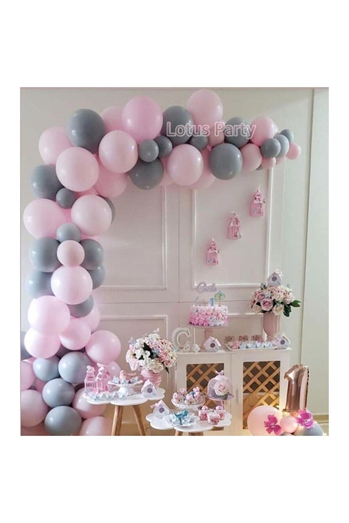 Pastel Pembe Gri Balon 100 Adet + 5 Mt. Balon Zinciri
