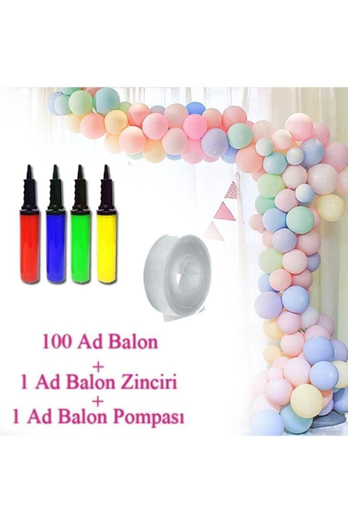 Makaron Pastel Balon + Balon Zinciri Ve Pompa Seti Soft Balon 100 Adet 
