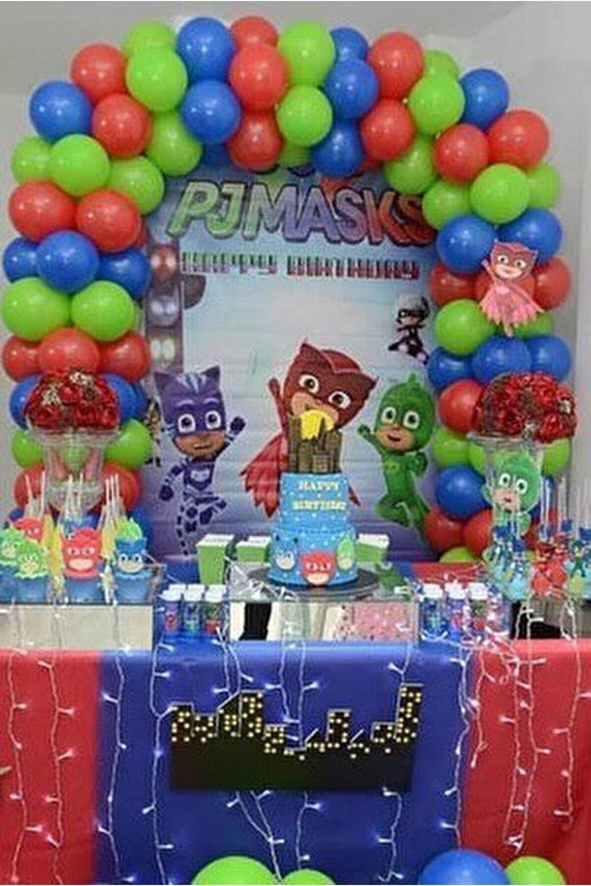 Pijamaskeliler Temalı Balon Zinciri Yeşil-Kırmızı-Mavi Balon Seti 50 Adet