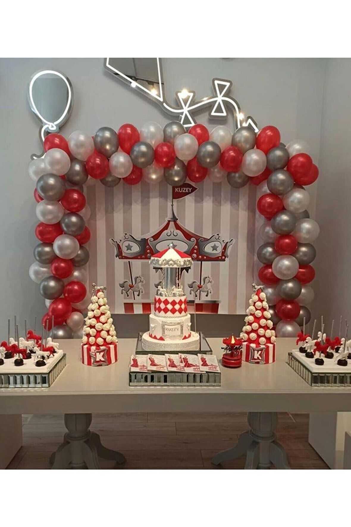 50 Adet Metalik Balon (Kırmızı-Gümüş-Beyaz Karışık)+ 5 mt Balon Zinciri