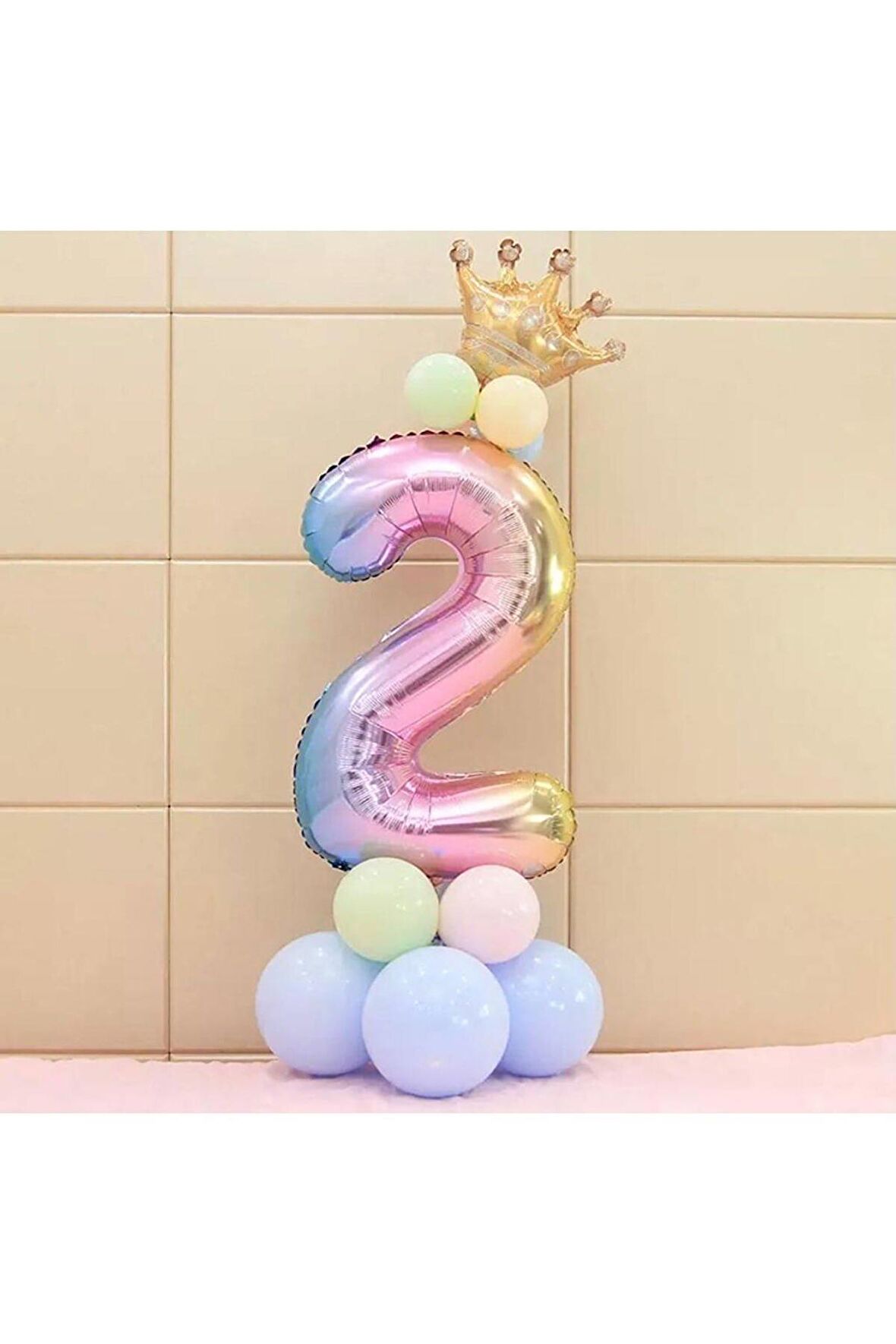2 Yaş Gökkuşağı Rakam Ve Kral Tacı Folyo Balon Doğum Günü