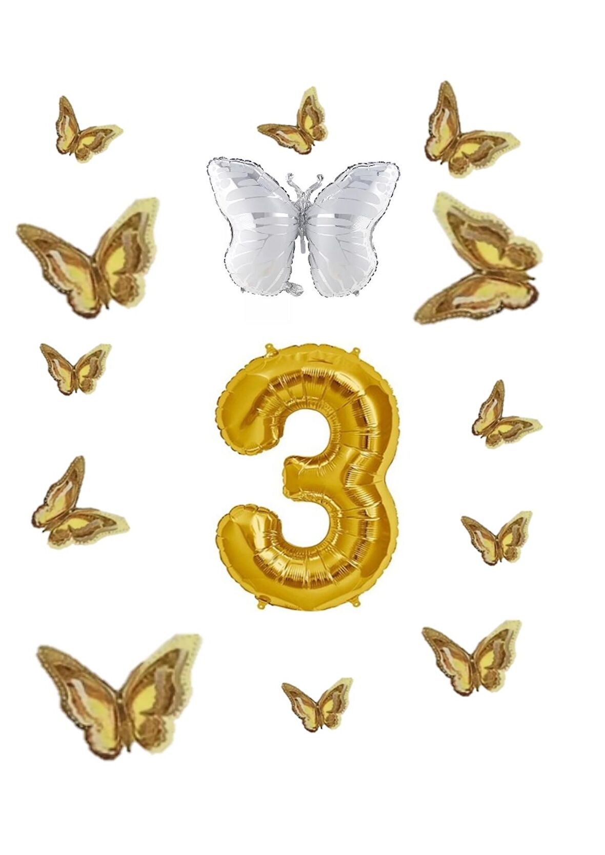 Beyaz Kelebek Folyo Balon Temalı Doğum Günü Parti Seti Gold Yaş 3