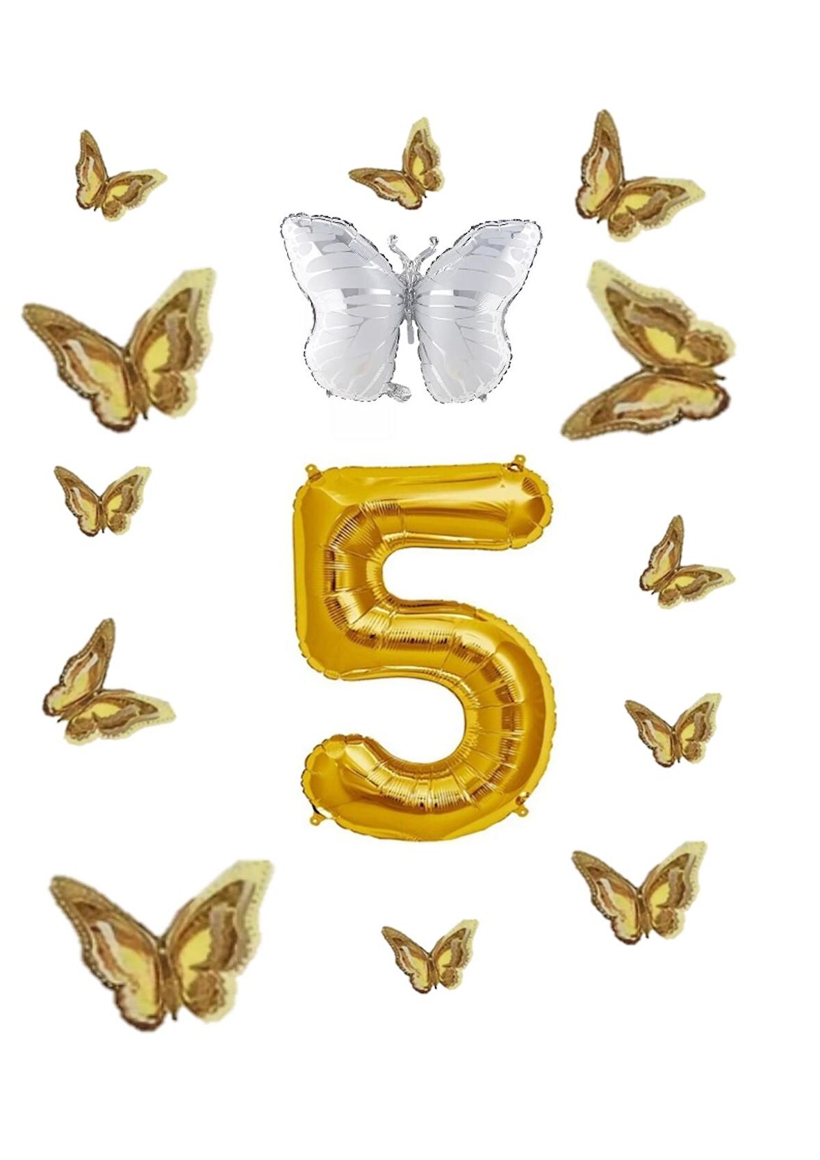 Beyaz Kelebek Folyo Balon Temalı Doğum Günü Parti Seti Gold Yaş 5