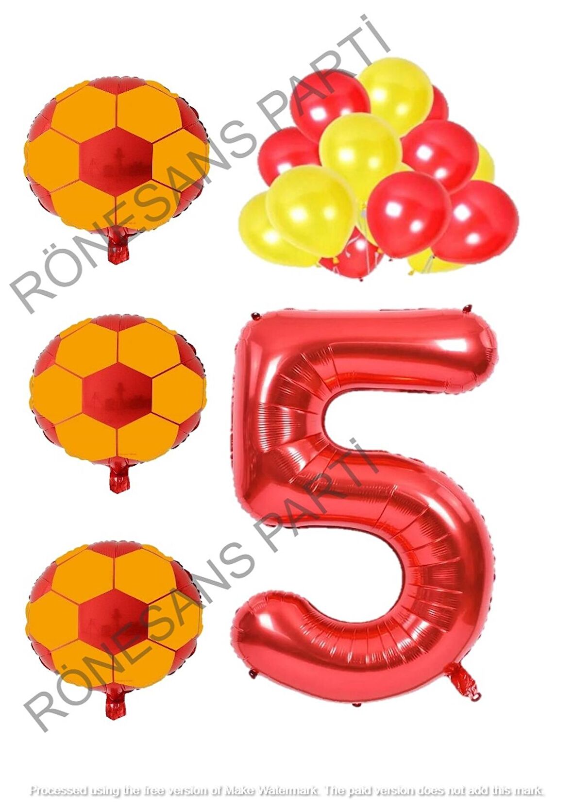 Sarı Kırmızı Futbol Topu Folyo ve Latex Balon Rakam Seti Yaş 5