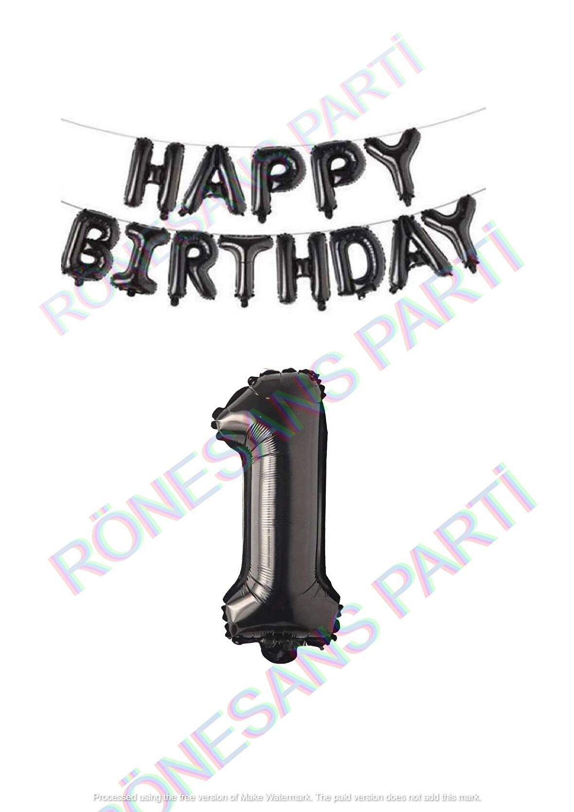 Happy Bırthday Siyah Renk Folyo Balon ve Rakam Seti Yaş 1